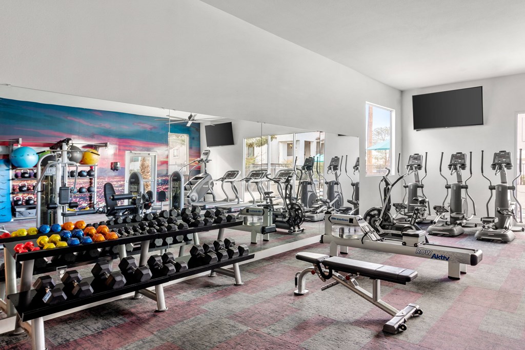 a large fitness room with cardio equipment and a flat screen tv